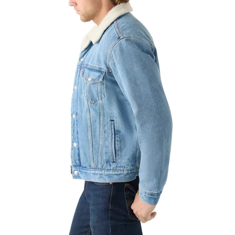 Load image into Gallery viewer, A man wearing a light blue denim jacket with a white sherpa collar, shown in a side profile against a white background.
