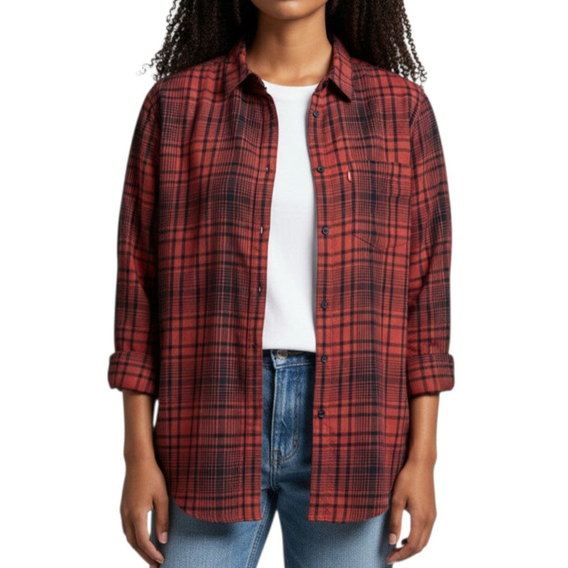 Load image into Gallery viewer, Person wearing a red plaid shirt over a white top on a white background
