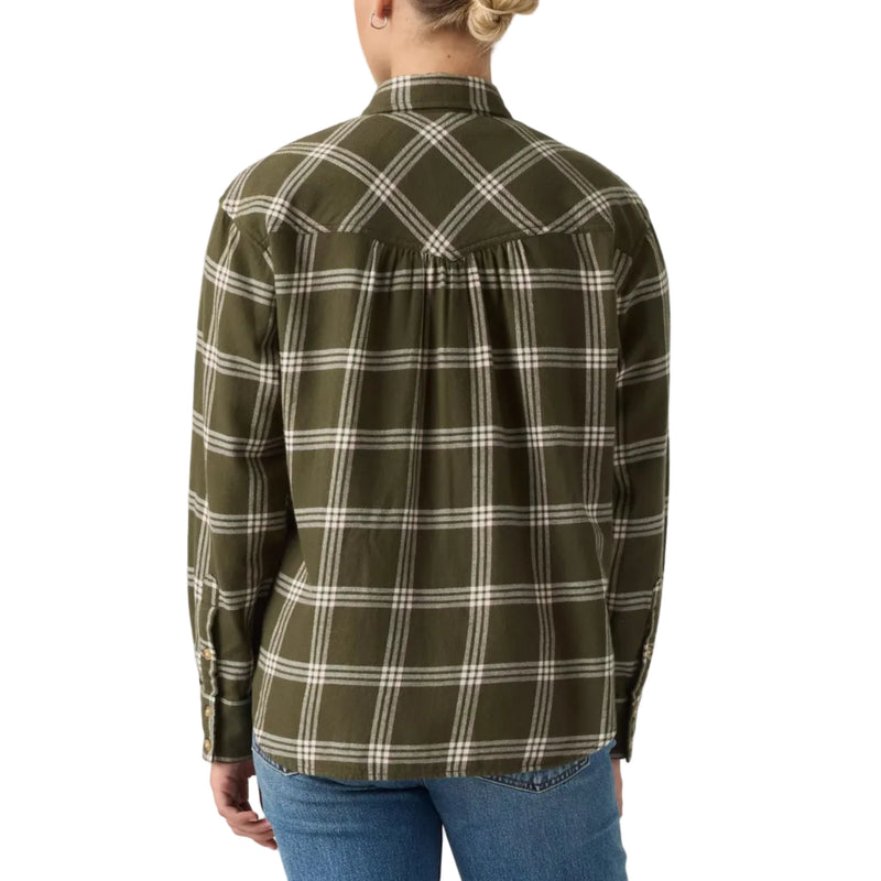Load image into Gallery viewer, A woman viewed from the back wearing an olive green plaid button-up shirt with blue jeans, set against a plain light gray studio background.
