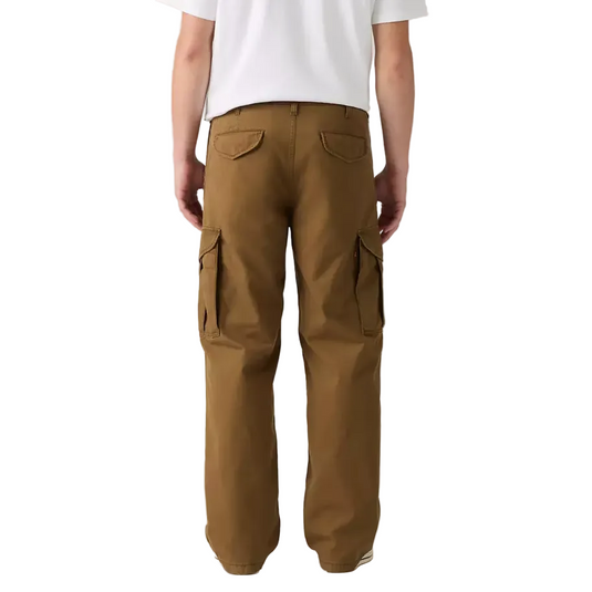 A man shown from the back wearing a plain white short-sleeve T-shirt and brown cargo pants against a white background.