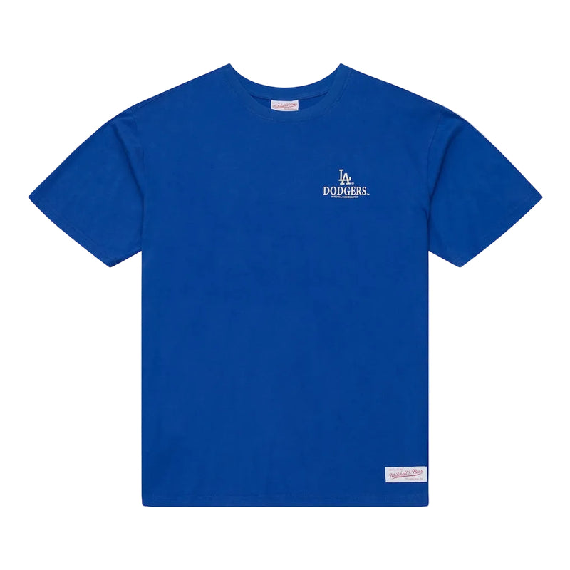 Load image into Gallery viewer, A royal blue short-sleeve crewneck t-shirt featuring a small white Los Angeles Dodgers logo on the left chest and a Mitchell &amp; Ness brand tag near the bottom hem, displayed on a clean white background.
