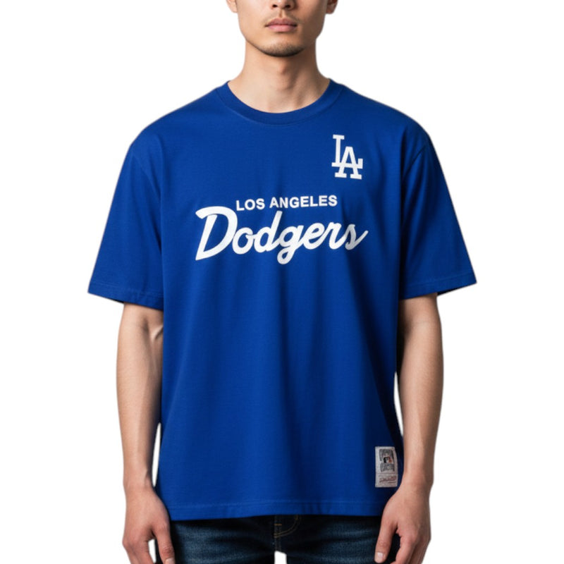 Load image into Gallery viewer, Person wearing a blue 'Los Angeles Dodgers' shirt with the Dodgers logo on a white background. 
