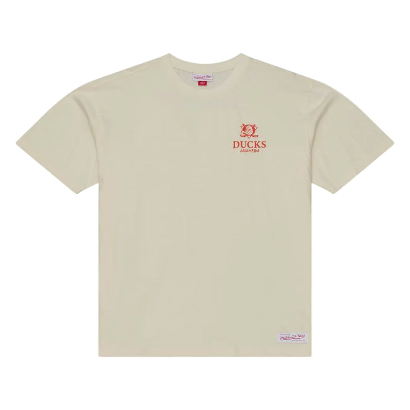 Load image into Gallery viewer, A light beige short-sleeve t-shirt with a small red embroidered logo on the left chest that reads 'DUCKS' with a duck head icon above it. The shirt is displayed flat against a clean, light gray background.

