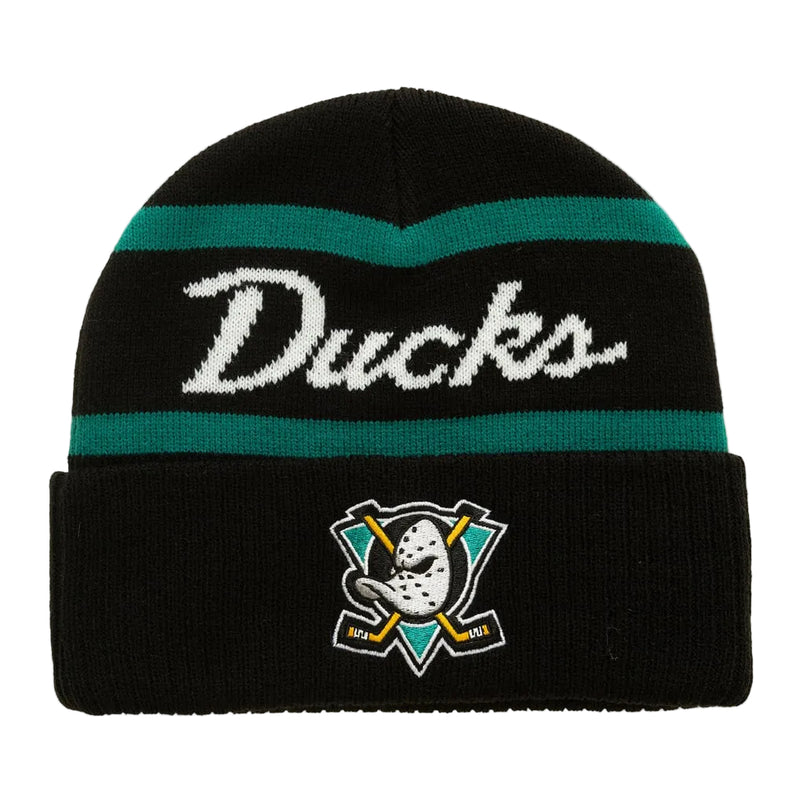 Load image into Gallery viewer, A black knit beanie with teal stripes, featuring the word 'Ducks' in white script across the top and the Anaheim Ducks NHL team logo embroidered on the front cuff.
