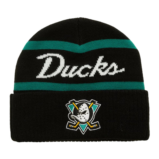 A black knit beanie with teal stripes, featuring the word 'Ducks' in white script across the top and the Anaheim Ducks NHL team logo embroidered on the front cuff.