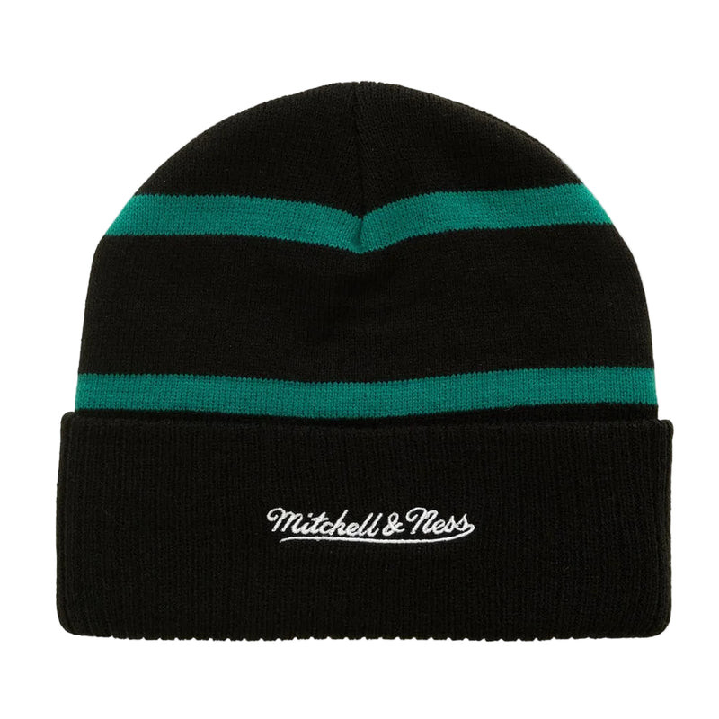 Load image into Gallery viewer, Back side of a black Ducks beanie with teal stripes on the crown and "Mitchell &amp; Ness" embroidered on the cuff.
