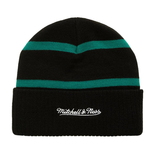 Back side of a black Ducks beanie with teal stripes on the crown and 