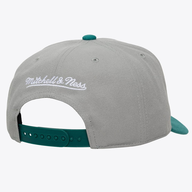 Load image into Gallery viewer, A light gray snapback cap shown from the back, featuring white embroidered 'Mitchell &amp; Ness' script on the back panel, a teal green button on top, a teal green adjustable strap, and a teal green visor tip, set against a plain light gray background.
