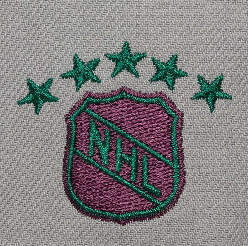 Load image into Gallery viewer, Close-up of an embroidered NHL shield patch with five green stars above it, on a gray textured fabric background.
