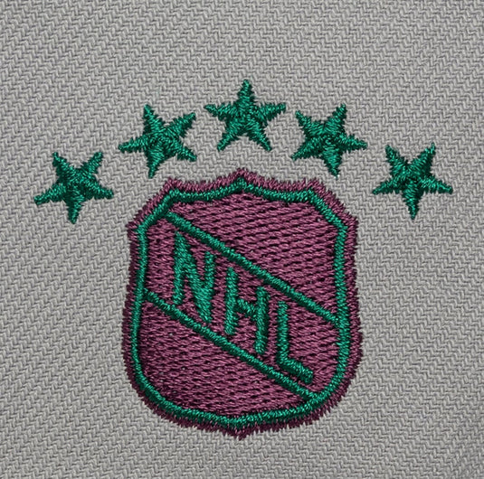 Close-up of an embroidered NHL shield patch with five green stars above it, on a gray textured fabric background.