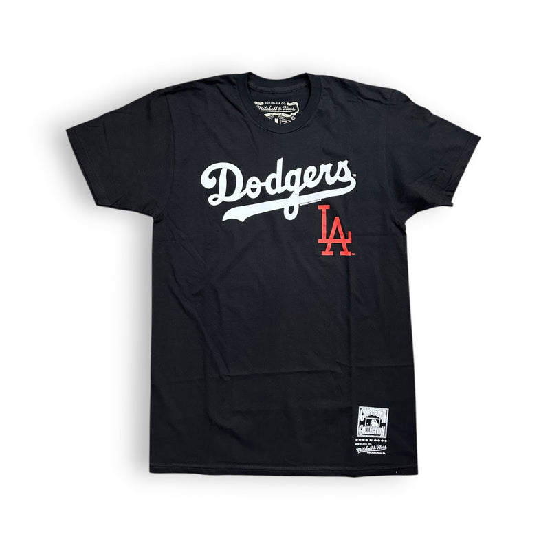 Load image into Gallery viewer, Flat lay of a black Los Angeles Dodgers shirt on a white background. 
