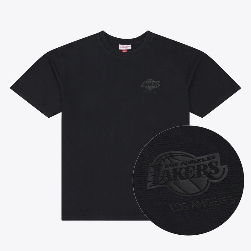 Load image into Gallery viewer, A black short-sleeve crewneck t-shirt featuring a tonal black Los Angeles Lakers logo on the left chest, with a circular inset detail showing the tonal logo texture.
