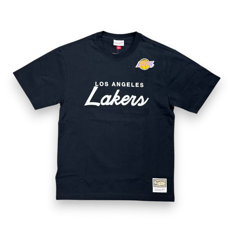 Load image into Gallery viewer, Flat lay of a black 'Los Angeles Lakers' shirt with the Lakers logo on a white background.
