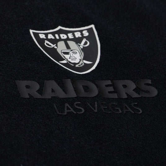 Closeup shot of a the Raiders Logo and team name printed on the Mitchell & Ness Core Essentials tee
