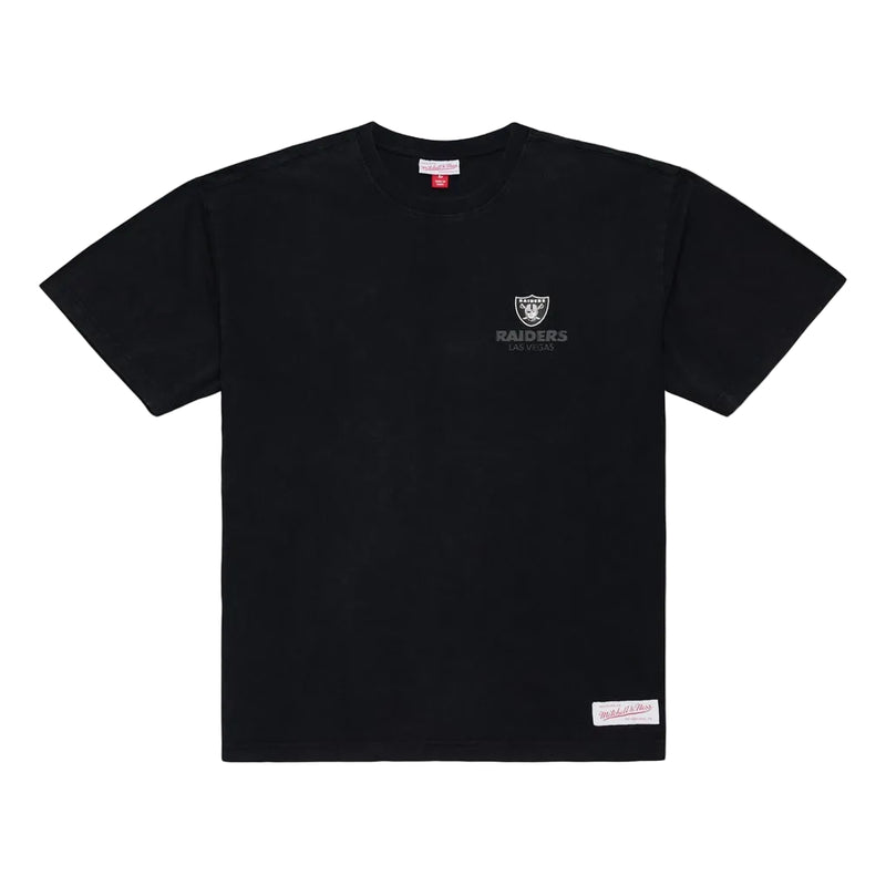 Load image into Gallery viewer, Flat lay shot of the black Mitchell &amp; Ness Raiders Core Essentials tee with the Raiders logo and team name printed on the chest
