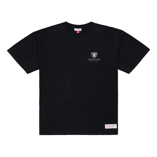 Flat lay shot of the black Mitchell & Ness Raiders Core Essentials tee with the Raiders logo and team name printed on the chest