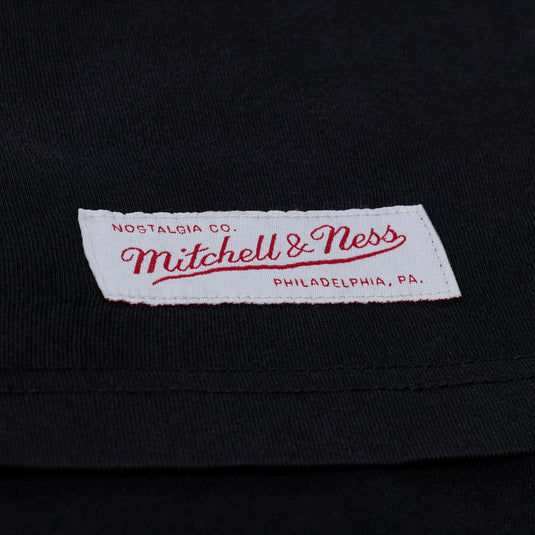 Closeup of the Mitchell & Ness patch sewn into a black tee