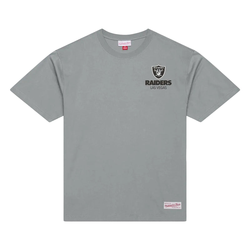 Load image into Gallery viewer, Flat lay of a gray Mitchell &amp; Ness Raiders short sleeve t-shirt with a Raiders logo and team name printed on the pec.  
