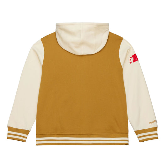 Brown and beige hoodie with a logo on the sleeve against a white background