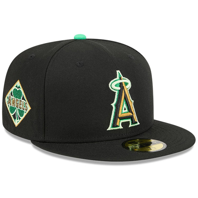 Load image into Gallery viewer, Black baseball cap with 'Angels' logo and a shamrock side patch on a white background
