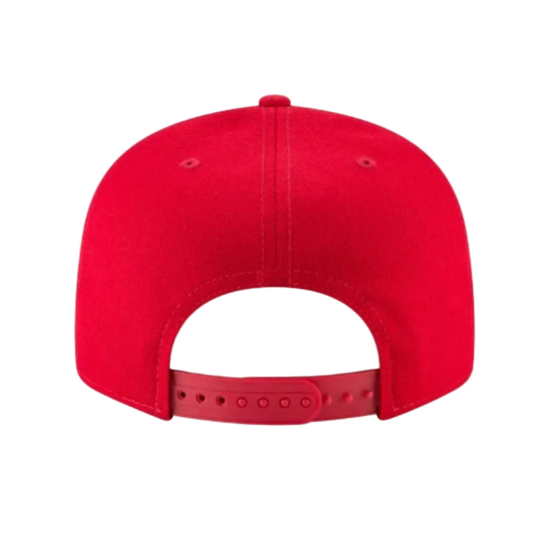Load image into Gallery viewer, A bright red structured baseball cap shown from the back, featuring a matching red adjustable strap with metal snap buttons, set against a plain white background.
