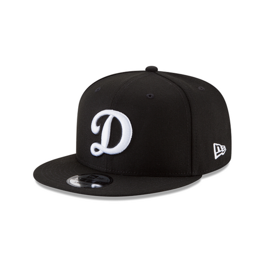 Black cap with a white logo on a white background