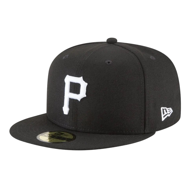 Load image into Gallery viewer, A black New Era 59FIFTY fitted baseball cap featuring a white embroidered Pittsburgh Pirates 'P' logo on the front and a white New Era flag logo on the side, displayed on a clean white background.

