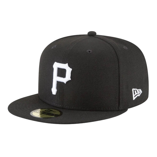 A black New Era 59FIFTY fitted baseball cap featuring a white embroidered Pittsburgh Pirates 'P' logo on the front and a white New Era flag logo on the side, displayed on a clean white background.