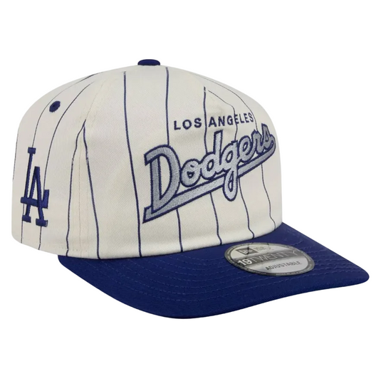 Los Angeles Dodgers baseball cap featuring an off-white pinstripe crown with navy blue lettering and a solid navy blue visor. The front displays 'Los Angeles Dodgers' in script, with a navy blue 'LA' logo on the side and a New Era 19TWENTY sticker on the visor.