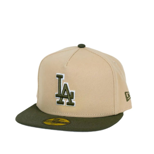 Beige and green baseball cap with LA logo on a white background