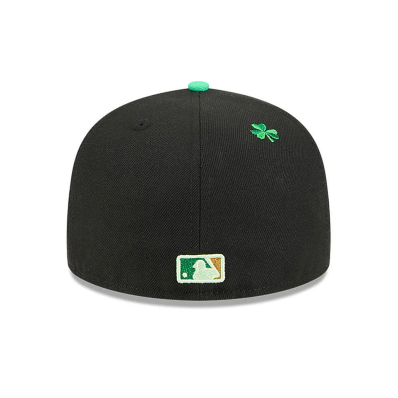 Load image into Gallery viewer, Black baseball cap with a shamrock embroidered patch and the MLB logo on the back against a white background
