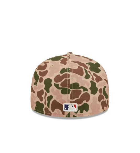 Camouflage-patterned baseball cap with MLB logo on a white background