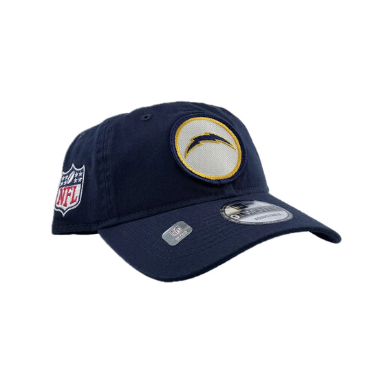 Navy blue cap with NFL logo and Chargers team emblem New Era's 9Twenty profile strapback cap.