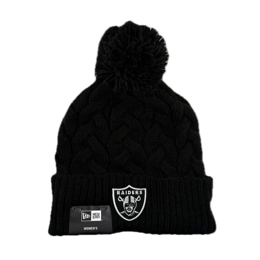 Black knit beanie with black pom-pom and NFL team Las Vegas Raiders logo on a cuff.
