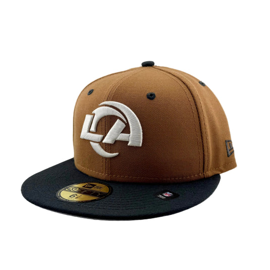 New Era NFL LA Rams 2 Tone Color Pack 59Fifty cap that has a light brown crown and charcoal gray bill.  NFL team LA Rams logo on front.