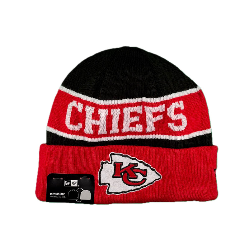 Load image into Gallery viewer, New Era NFL Kansas City Chiefs black, red, and white knit beanie with team logo on the red cuff. 

