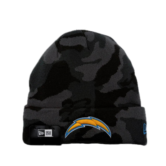 Camouflage pattern on New Era knit beanie with the NFL Los Angeles LA Chargers logo on the cuff.  New Era Knitcamo D3 Knit Beanie.