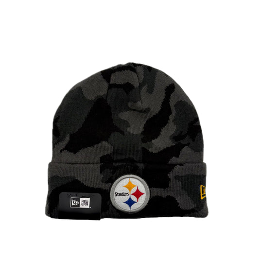 Camouflage beanie with Pittsburgh Steelers logo on the cuff.