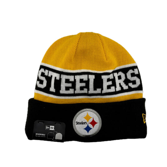 Yellow and black NFL Steelers beanie with logo on the cuff.  The reverse side is an all back beanie with a Steelers logo on the cuff. 