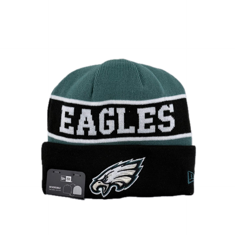Load image into Gallery viewer, Green and black beanie with 'EAGLES' text and logo with an Eagles NFL team logo on the black cuff. 
