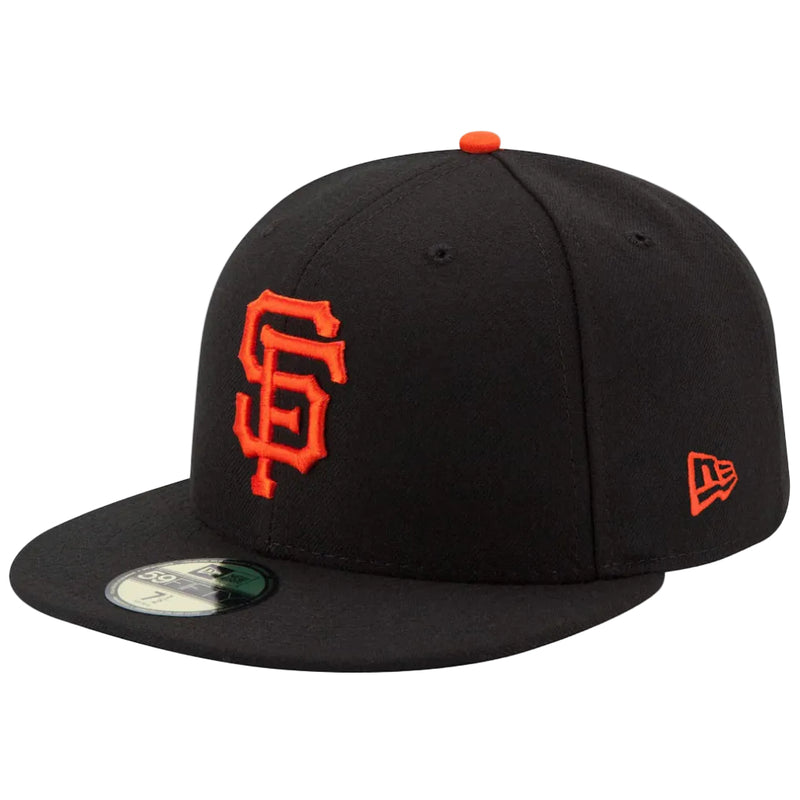 Load image into Gallery viewer, New Era 59Fifty fitted cap of MLB team San Francisco Giants in the team black and orange colors with the team "SF" logo in orange on the front center crown. 
