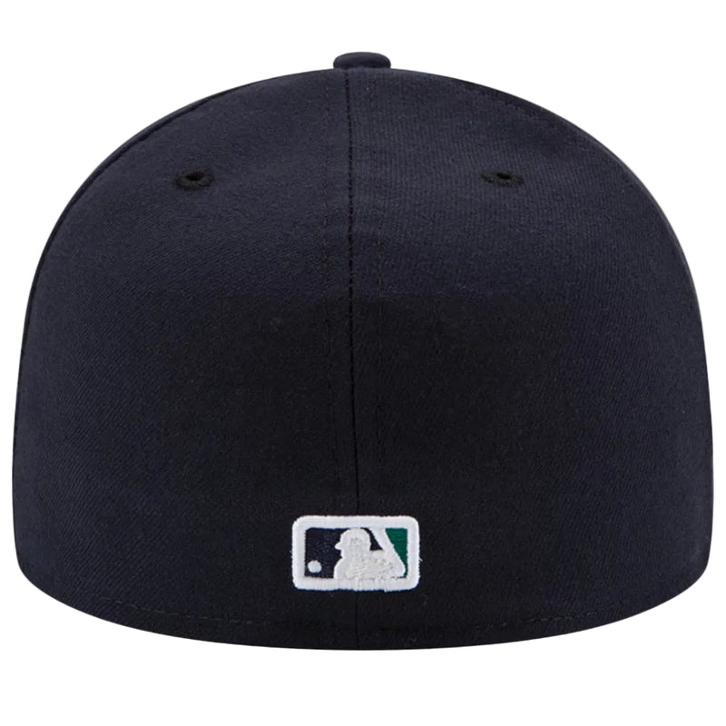 Load image into Gallery viewer, New Era 59Fifty Fitted on-field game cap in original team colors of the MLB team Seattle Mariners.  This photo is of the back of the fitted cap with the MLB logo in the back lower center. 
