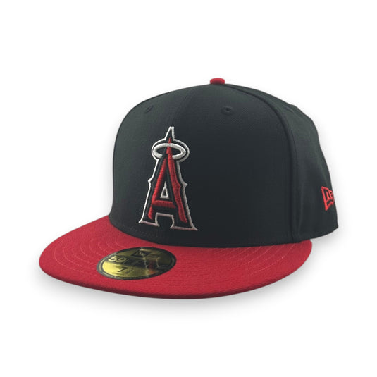 Black and red baseball cap with a logo on a white background