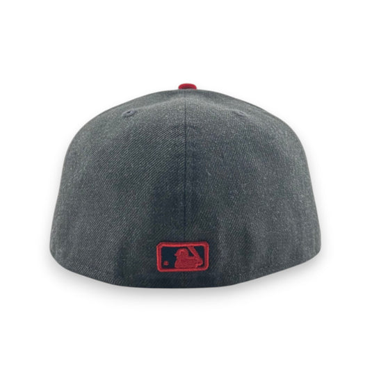 Gray baseball cap with a red logo on a white background