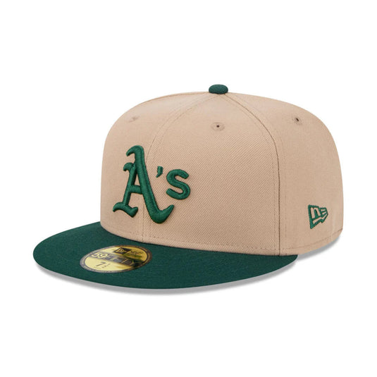 Beige and green baseball cap with a logo on a white background