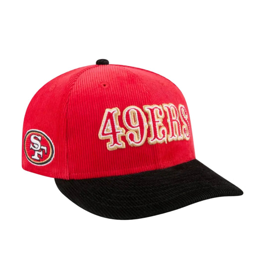 A San Francisco 49ers corduroy baseball cap in red and black, featuring '49ERS' embroidered in gold on the front and the team logo patch on the side, set against a plain white background.