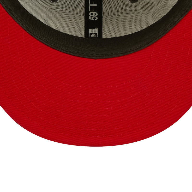 Load image into Gallery viewer, Red baseball cap with a black brim on a white background
