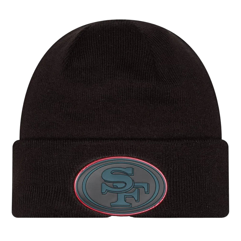 Load image into Gallery viewer, A black, cuffed knit beanie with a Chrome 49ers logo patch on the cuff
