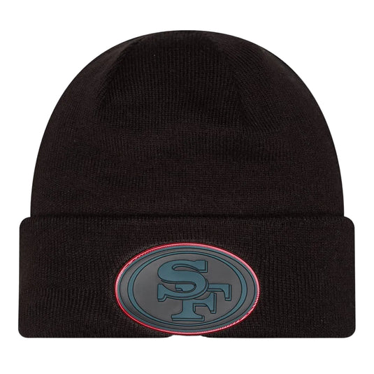 A black, cuffed knit beanie with a Chrome 49ers logo patch on the cuff