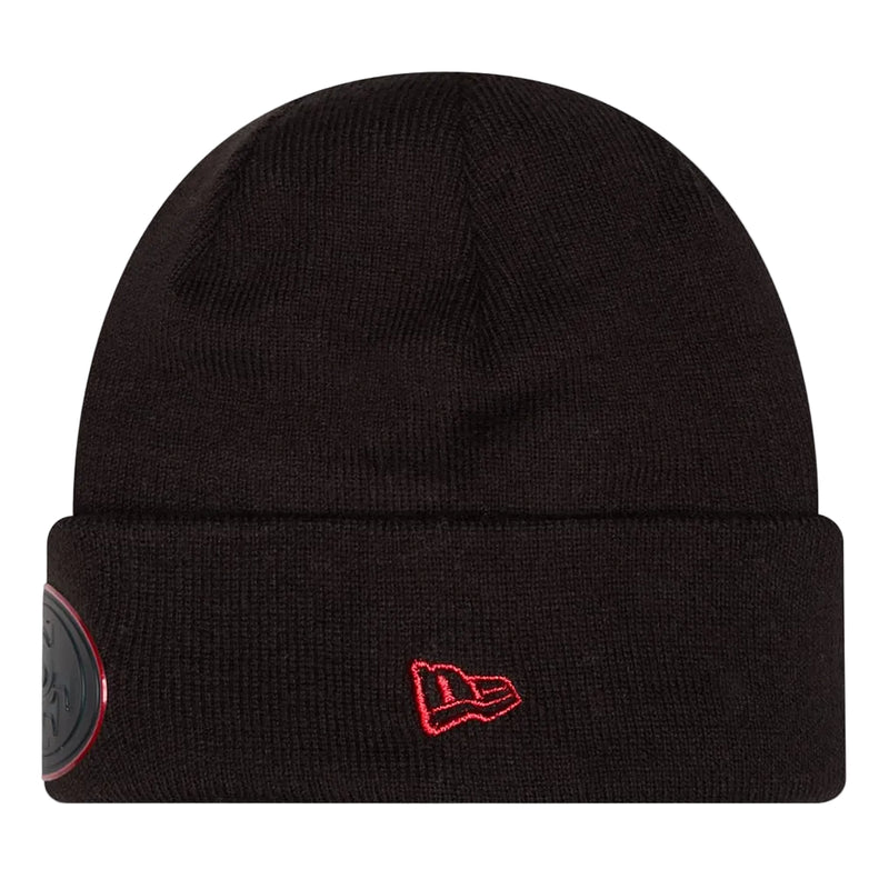 Load image into Gallery viewer, Side view of a black cuffed 49ers beanie with a red New Era logo patch sewn into the side of the cuff
